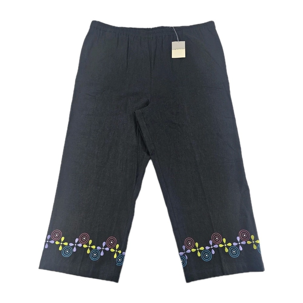 New Kim Rogers Women's Pants Large* Black Linen Blend Floral Flower Embroidery